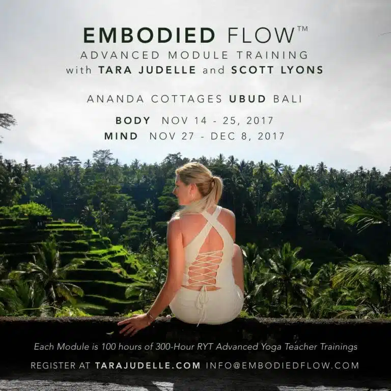 My first Embodied Flow Masterclass in LA in five years will be at Wanderlust on October 21st. Embodied Flow’s newest program, Movement Therapy , kicks off in Bali this December. This program qualifies practitioners to become an ISMETA therapist and will be lead by my partner in Embodied Flow, Dr. Scott Lyons . The next 200 hour Embodied Flow Training is in Goa, India at the fabulous center of Samata . With a vision, a commitment, a desire to preserve ancient practices, and a willingness and dedication to share that with the world – I haven’t been so inspired by a mission that is truly on point with yoga as I have been here. All proceeds from this retreat center go to their sustainable farming and dedication to save precious healing herbs in the high himalayas. In February 2018, Ally Bogard and I return for another Retreat at Samata . This week long journey will focus on internal referencing and mapping our ways into the felt sense of being. Through daily yoga, meditation, breath work and wisdom teachings we will move towards a clearer understanding of the infinite and renewable resources that live inside. My latest Yogaglo class is Essential Self . Take a journey to your innermost self, using breath and movement to travel into a meditative state. Tune in with a centering pranayama, before moving on to a steady flowing sequence that includes side angle, trikonasana and standing balances like ardha chandra chapasana. Focus on the subtle influence of the koshas (layers of self), allowing this deeply personal practice to deliver you to the easeful ground of your own being.